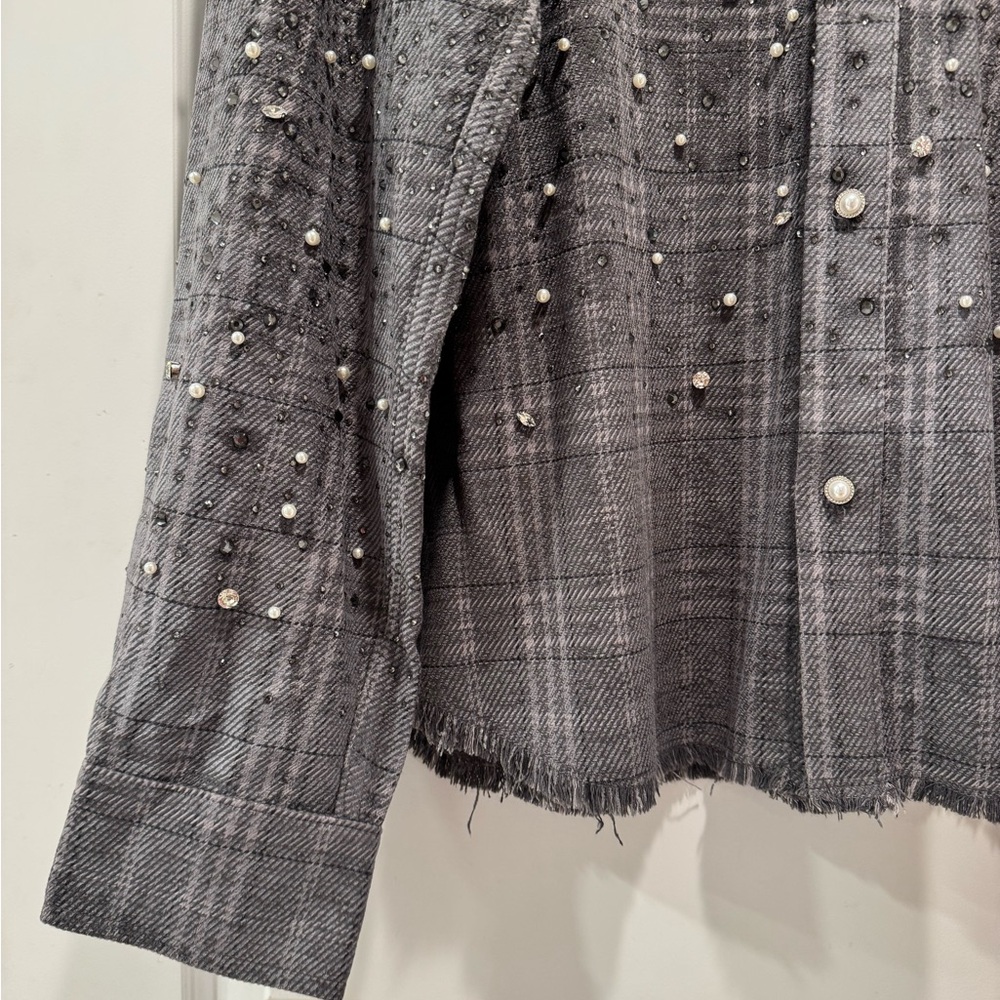Birth of Royal Child Gray Plaid Button Down Shirt with Diamond and Pearl Accents - Picture 5 of 10